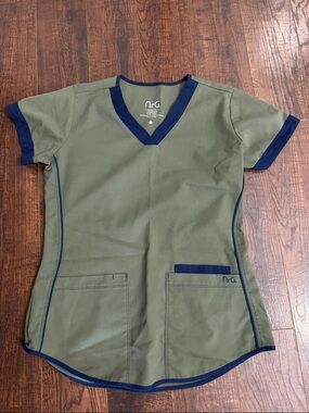Barco Uniforms Olive Green Scrub Top with Navy Trim